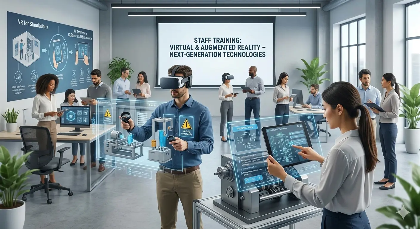 Group of diverse professionals in a modern office using VR and AR headsets for technical industrial training