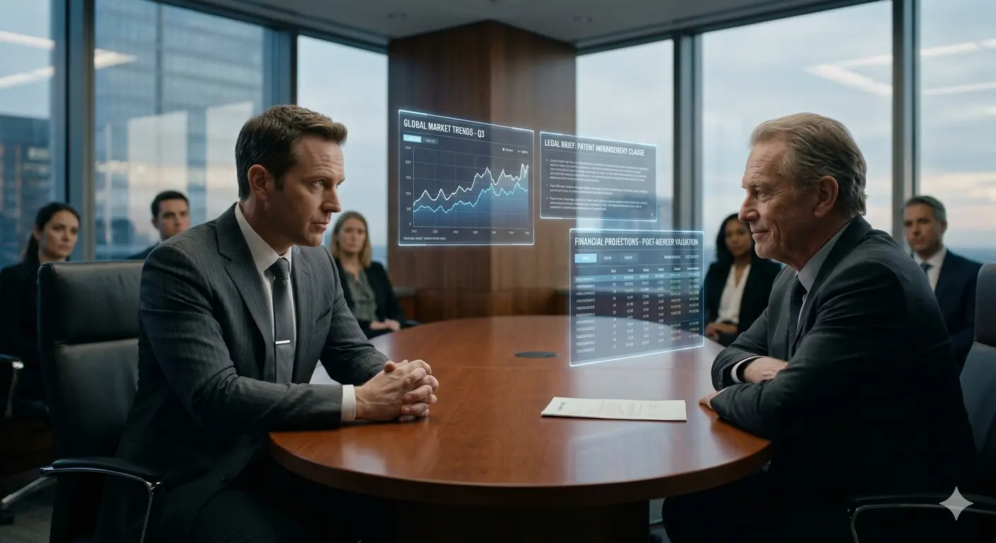 Two corporate negotiators in a boardroom with floating holographic financial charts and market trend data between them.