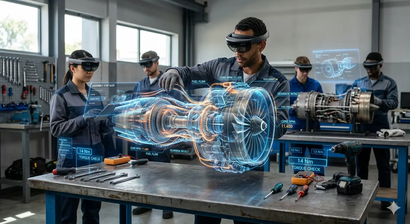 Technicians wearing MR headsets interacting with a high-fidelity holographic jet engine anchored to a physical workbench