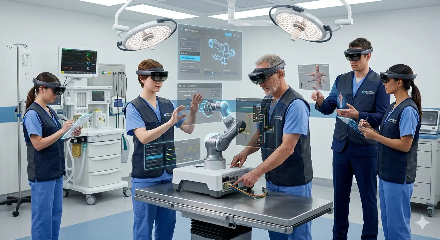Group of diverse professionals in a modern office using VR and AR headsets for technical industrial training