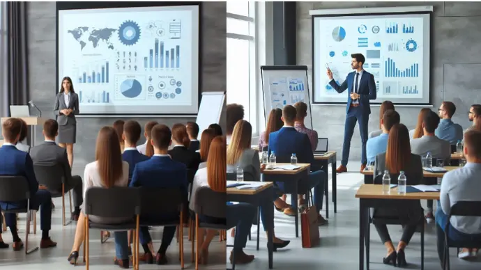 A male and a female professional executive trainers run a presentation
