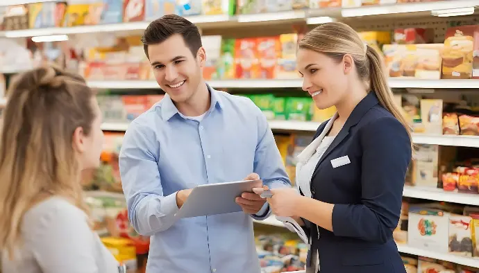 Customers Service employees help a customer in a retail store